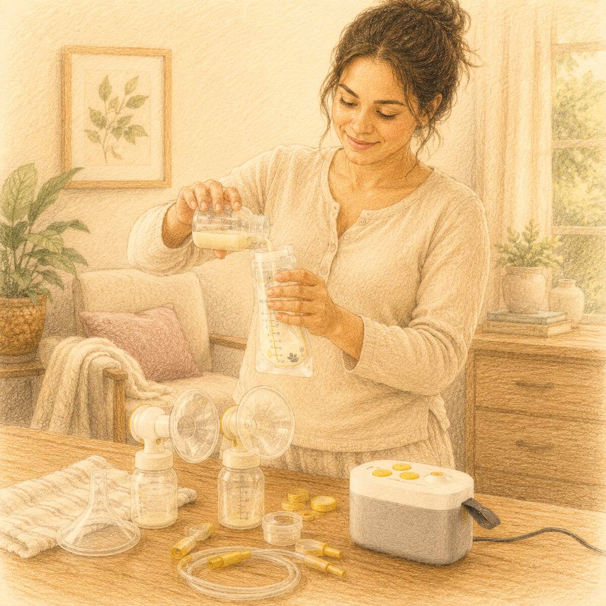 Mother pouring pumped milk into a storage bag with her electric breast pump kit