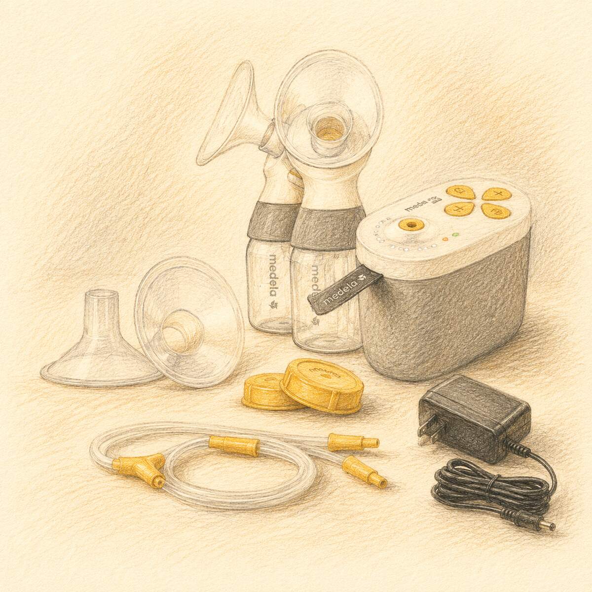 Electric breast pump kit with bottles, flanges, and tubing