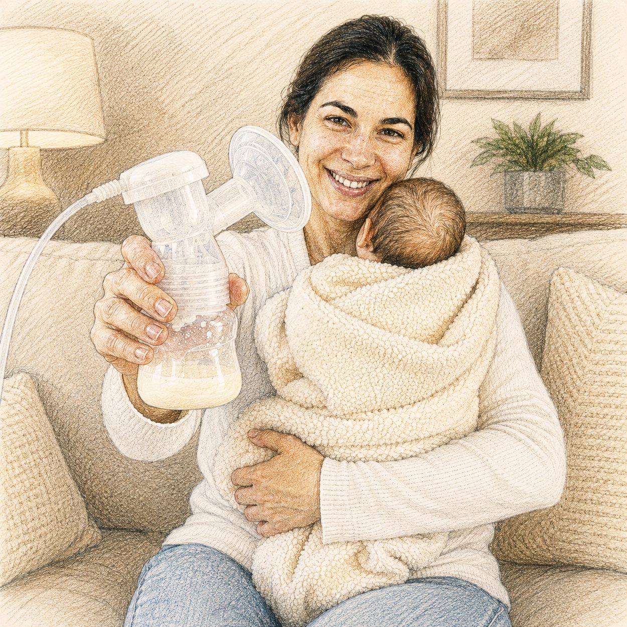 Mother holding her baby and a bottle of freshly pumped milk
