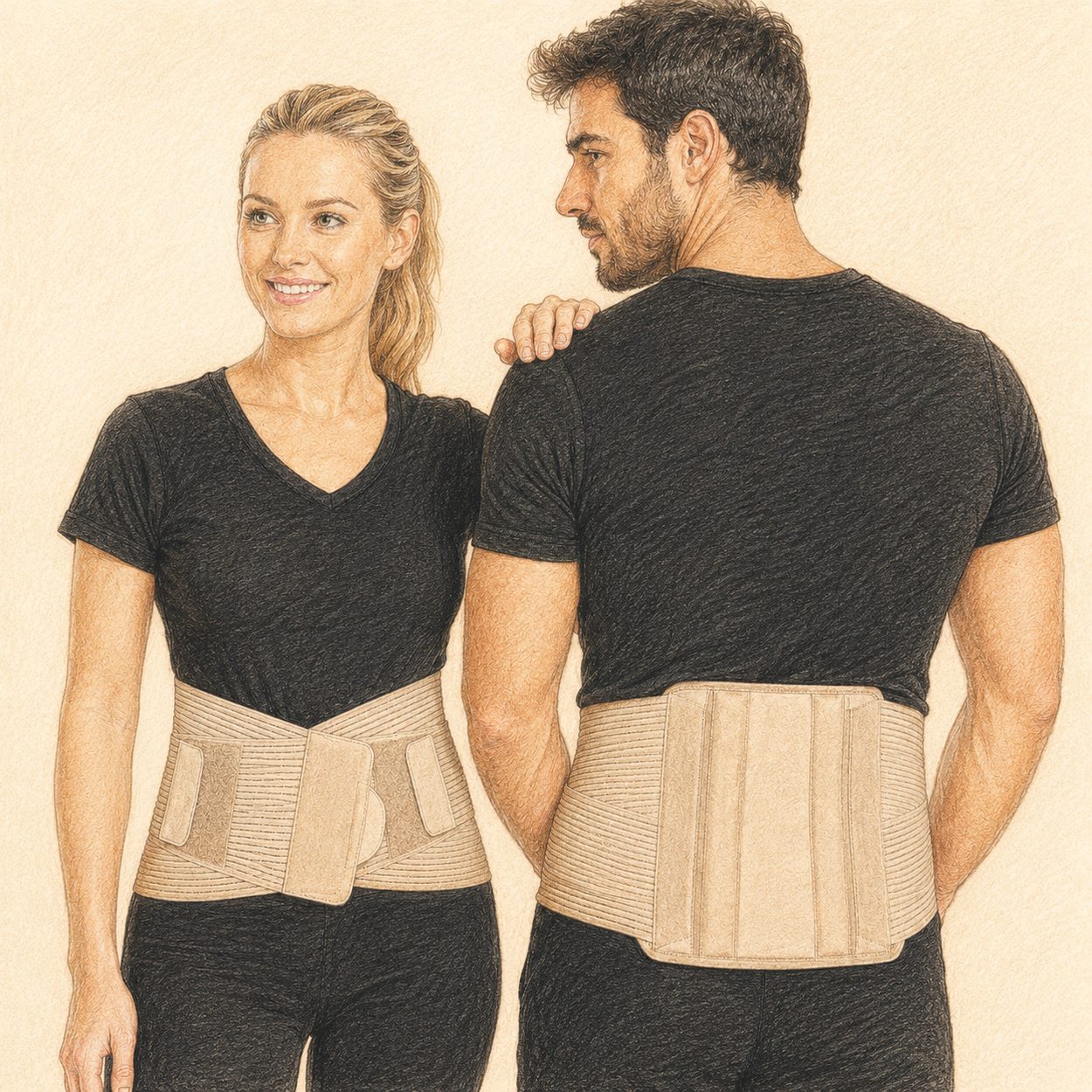 Couple wearing supportive back braces