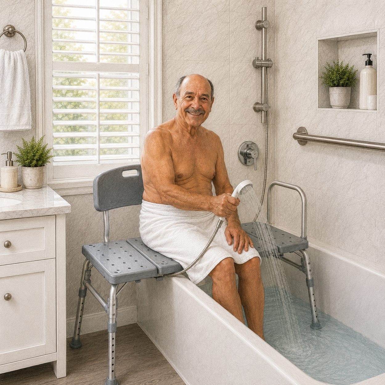 Man bathing safely using a bath transfer bench