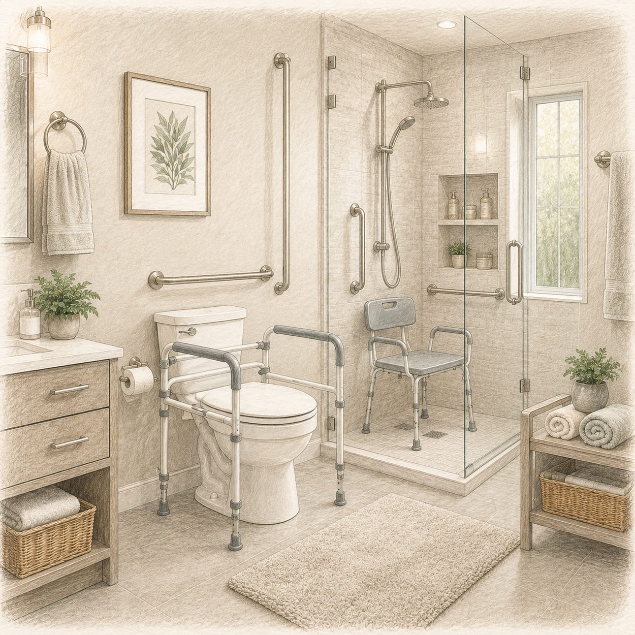 Accessible bathroom with grab bars, shower chair, and toilet safety rail