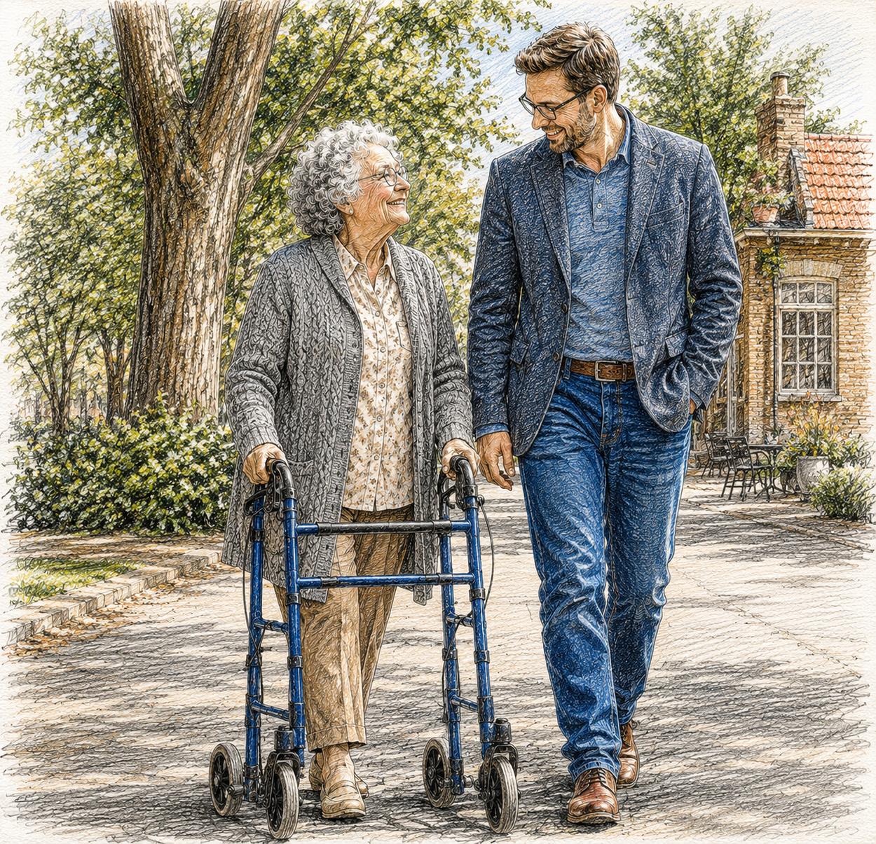 Senior woman walking outdoors with a rollator alongside her son