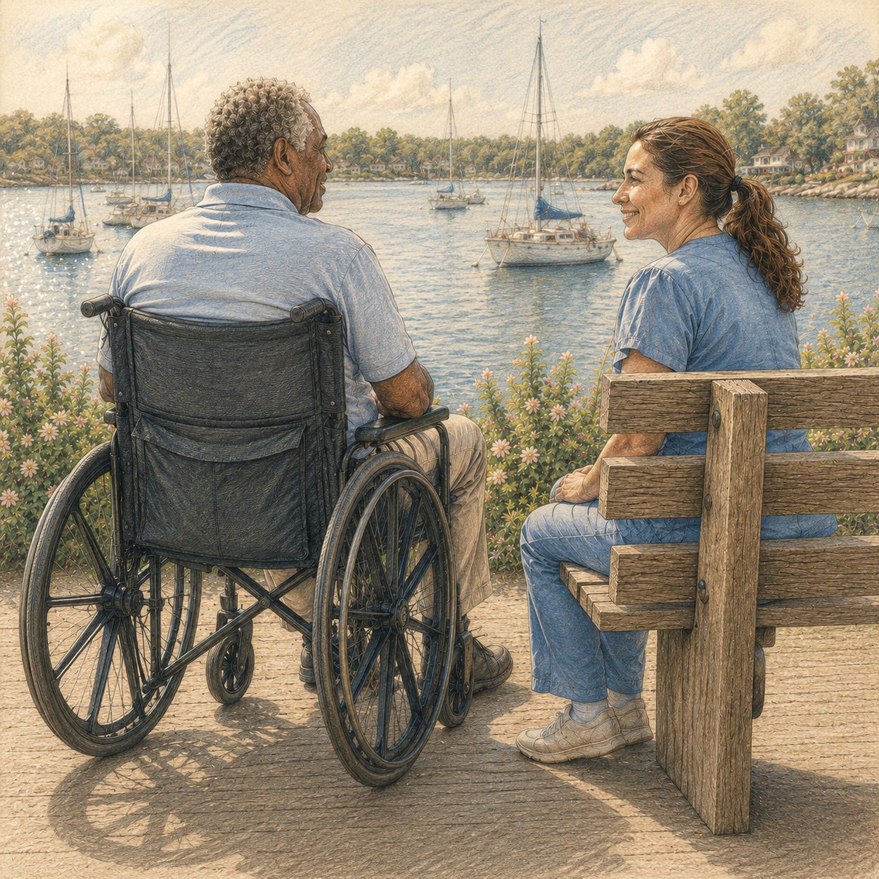 Man in a wheelchair enjoying the marina with his caregiver