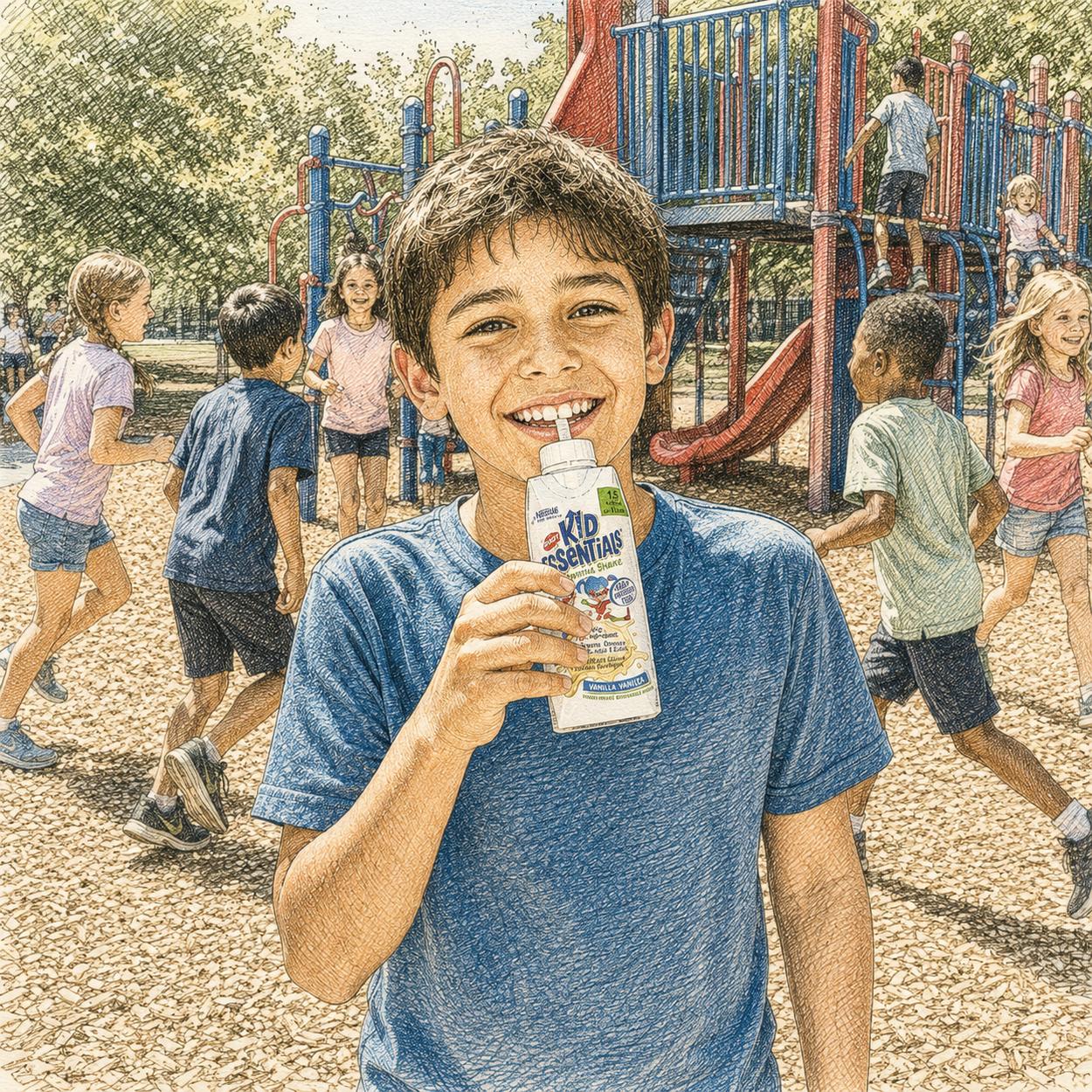 Boy enjoying a Boost Kid Essentials shake at the playground