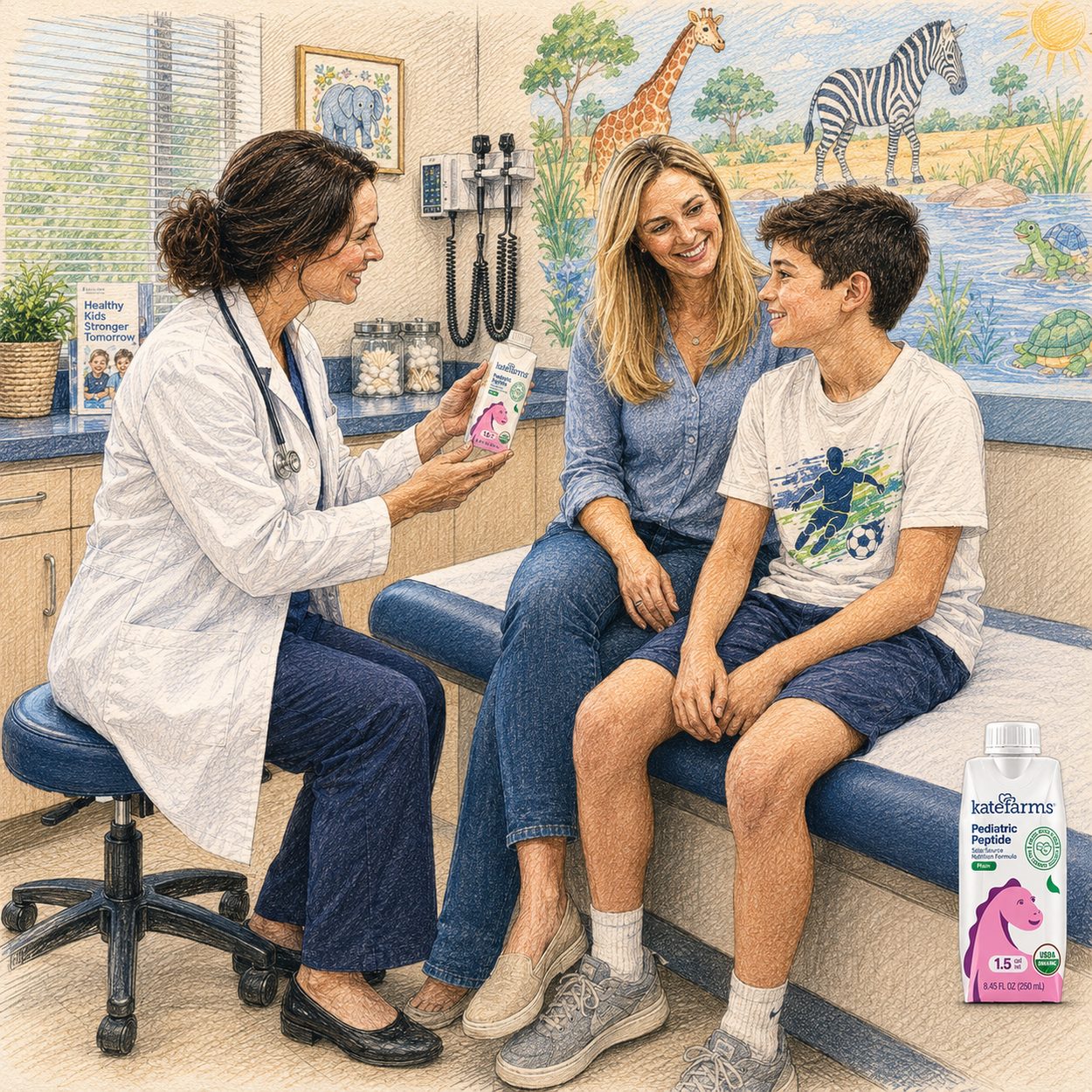Pediatrician recommending Kate Farms Pediatric Peptide to a mother and son