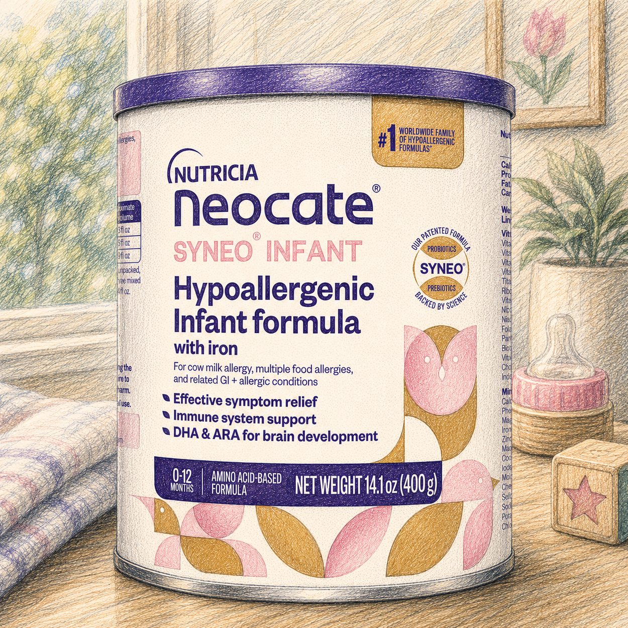 Neocate Syneo hypoallergenic infant formula in a nursery