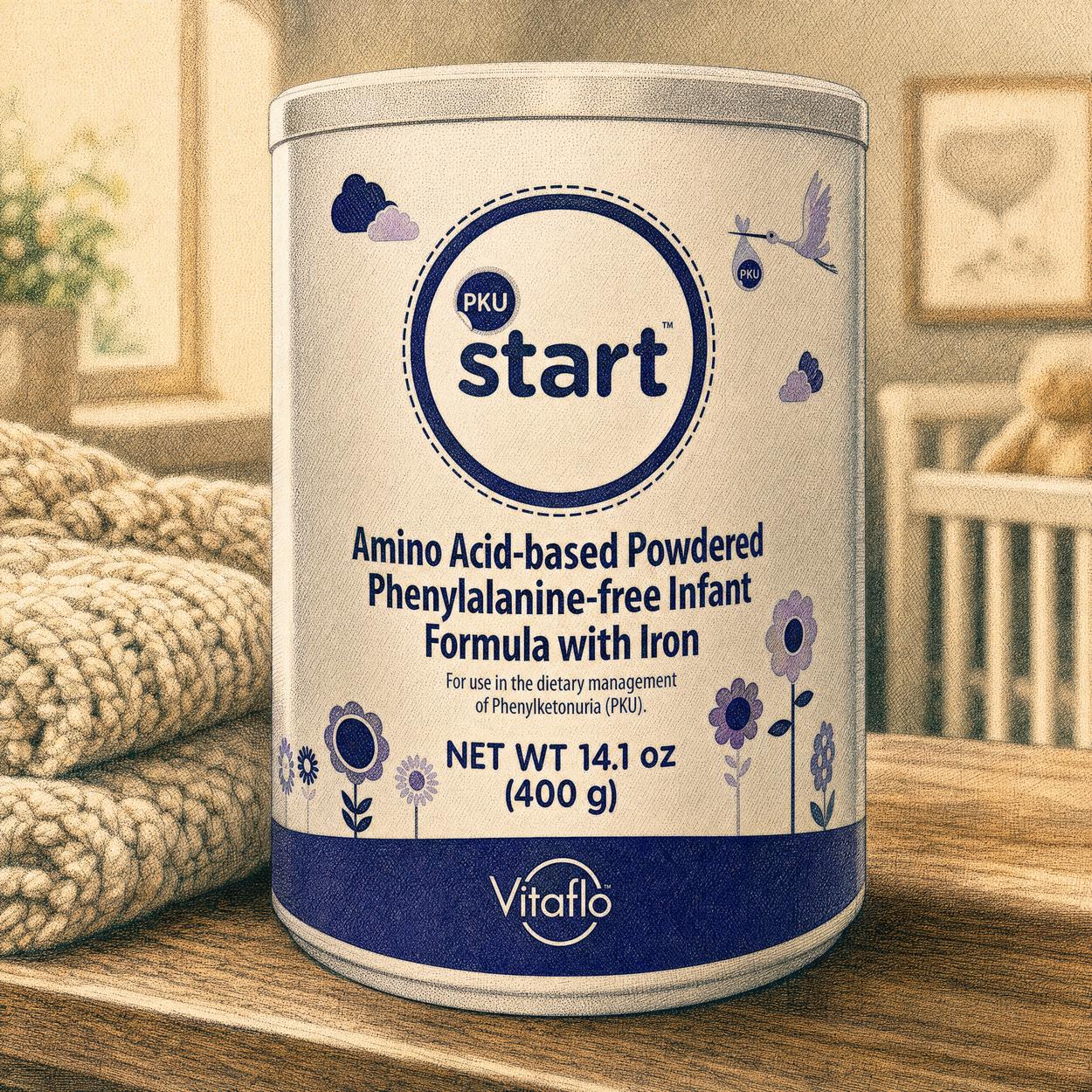 Vitaflo PKU Start phenylalanine-free infant formula on a nursery counter