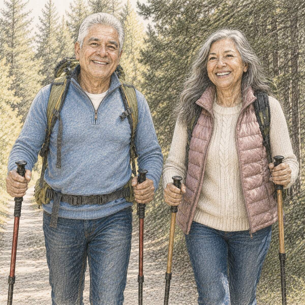 Active older couple enjoying a walk in the woods
