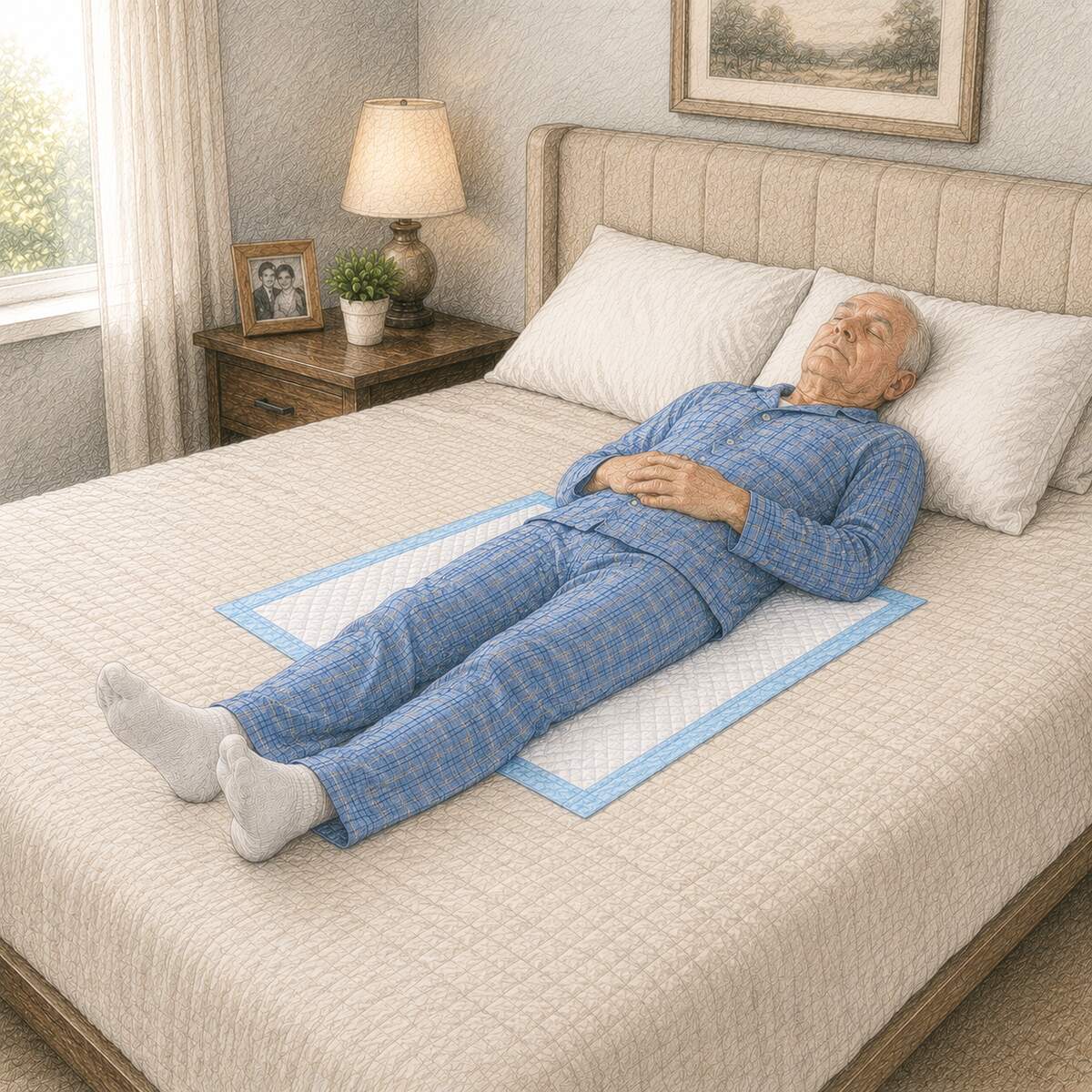 Comfortable bedroom setup with a protective underpad