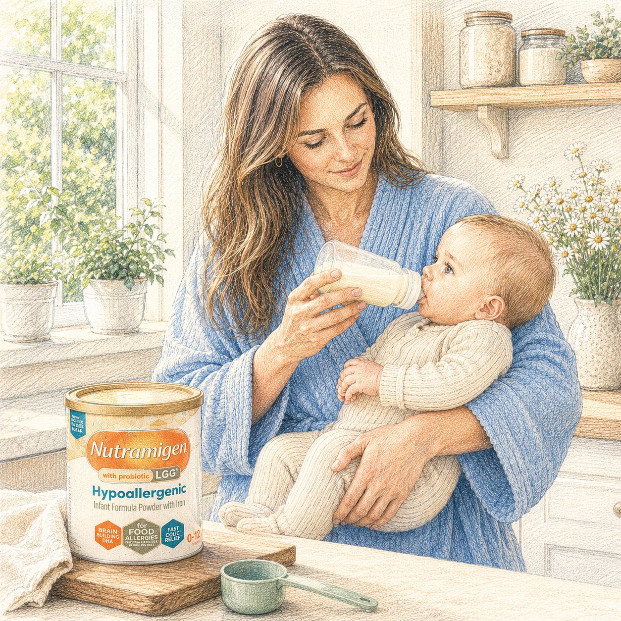 Mother feeding her baby a bottle with Nutramigen hypoallergenic formula nearby