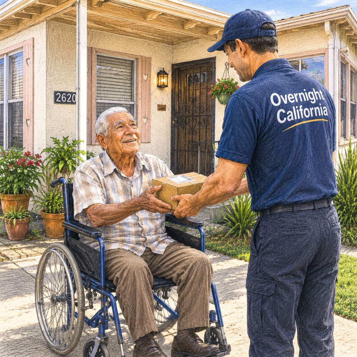 Delivery driver handing medications to a senior at his home