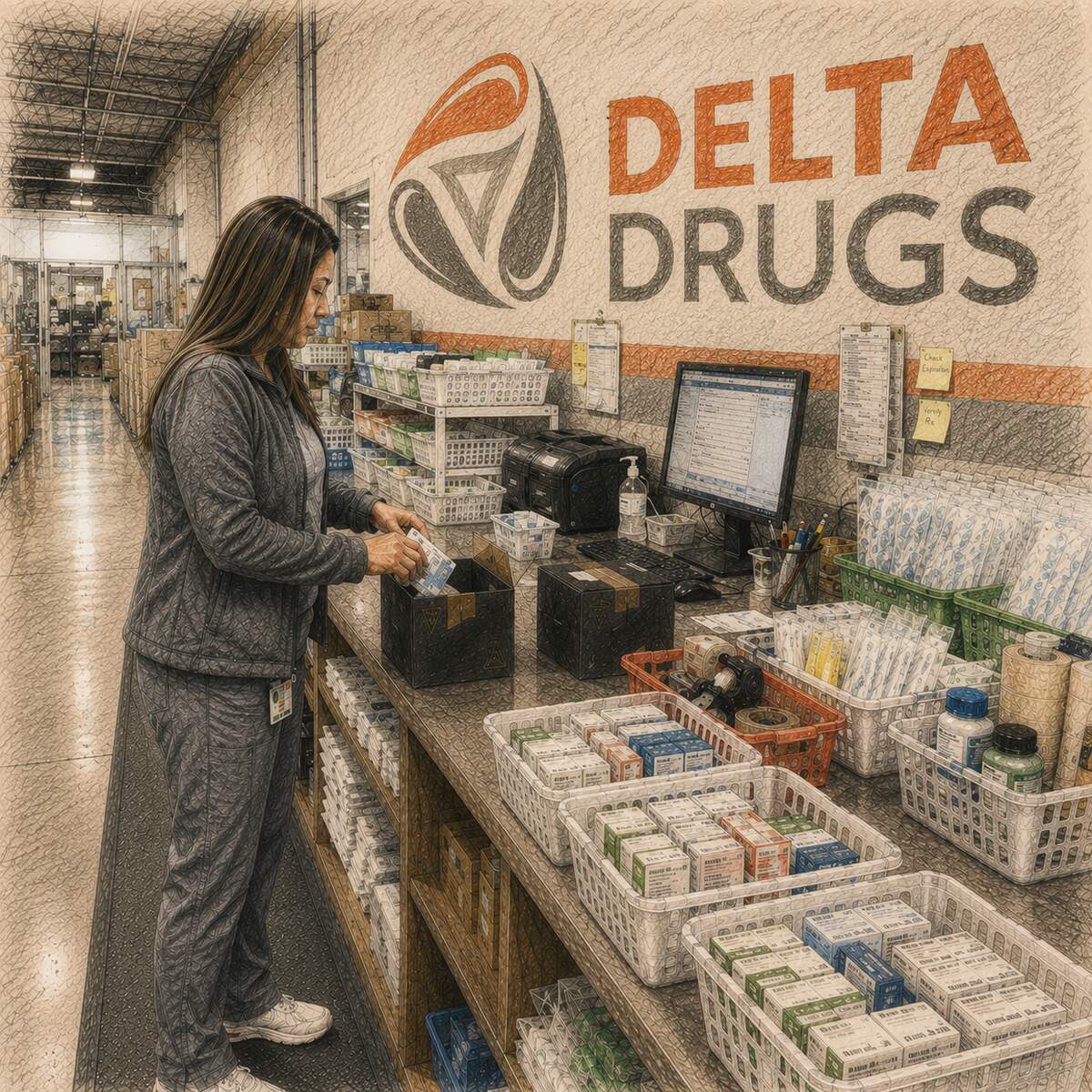 Delta Drugs team preparing medication shipments in the warehouse