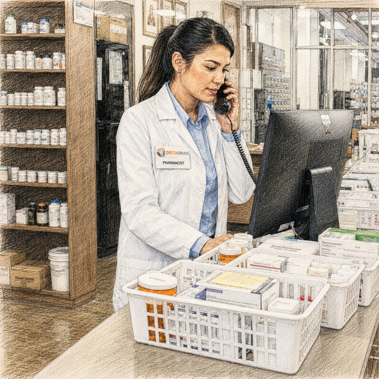 Delta Drugs pharmacist taking a prescription order by phone