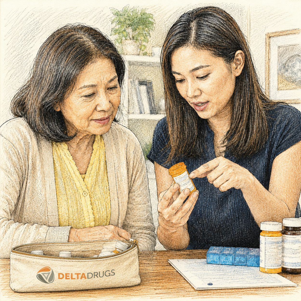 Daughter helping her mother organize medications with a Delta Drugs pouch