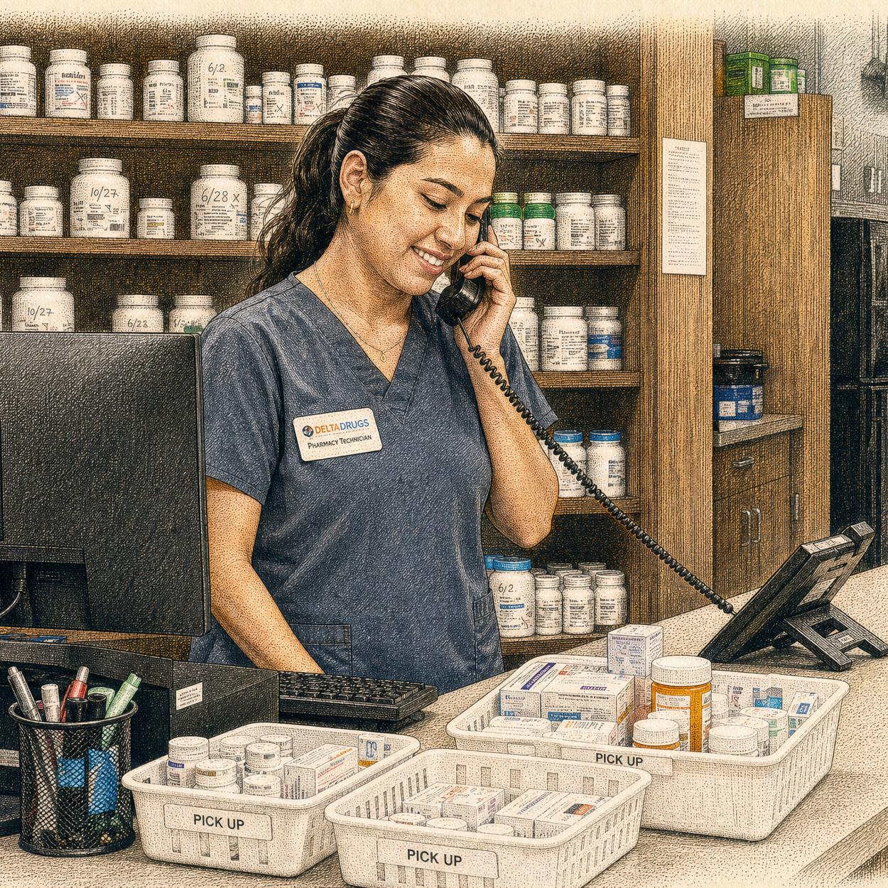 Delta Drugs pharmacy technician taking a refill call at the pick-up counter