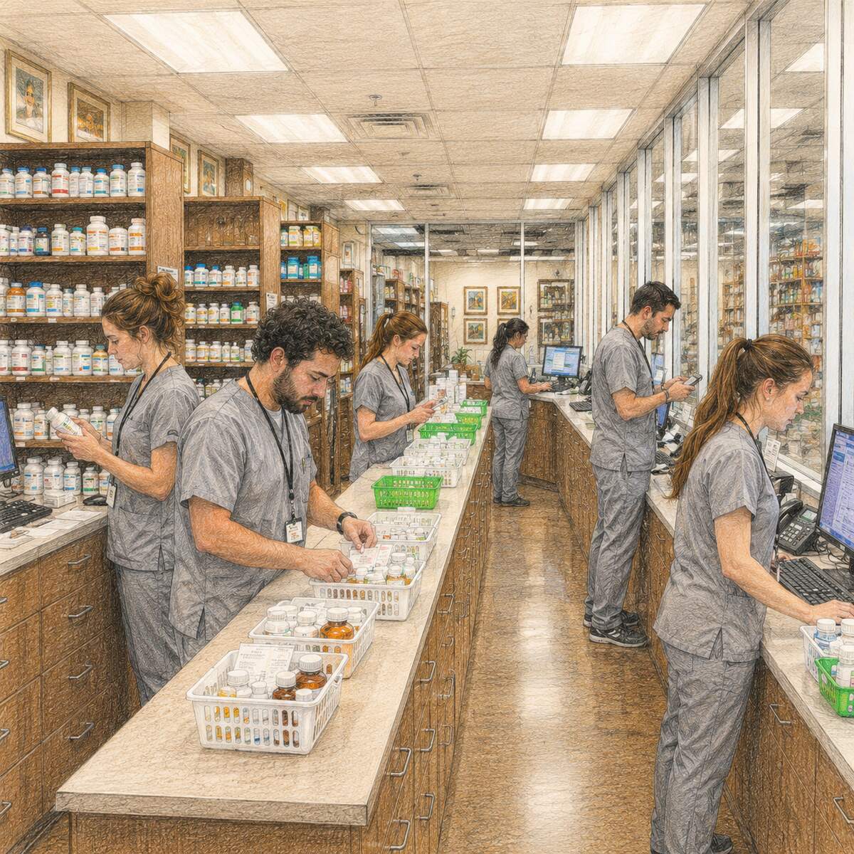 Pharmacist preparing prescription medications for home delivery