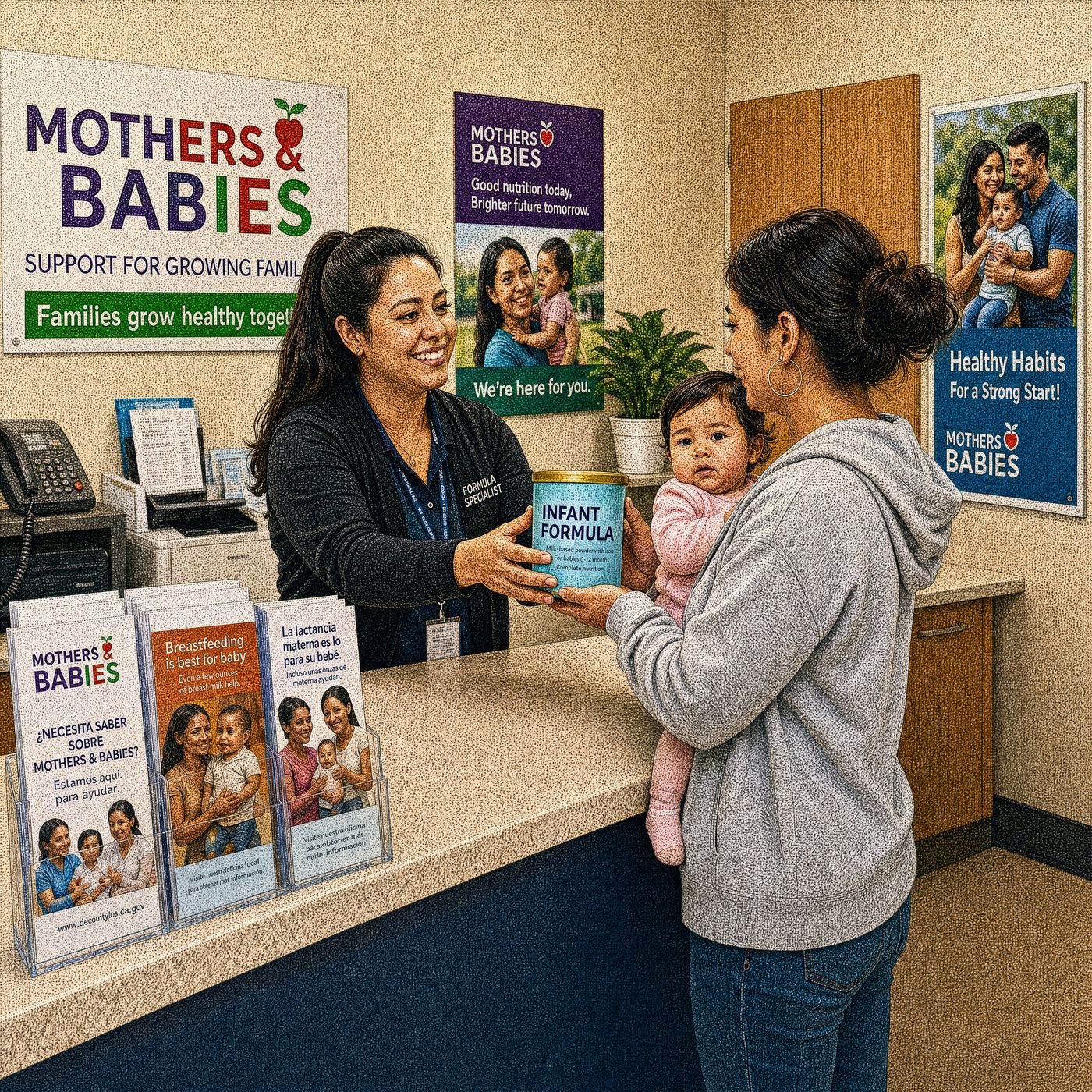 Formula specialist handing infant formula to a mother holding her baby at the Mothers & Babies support counter