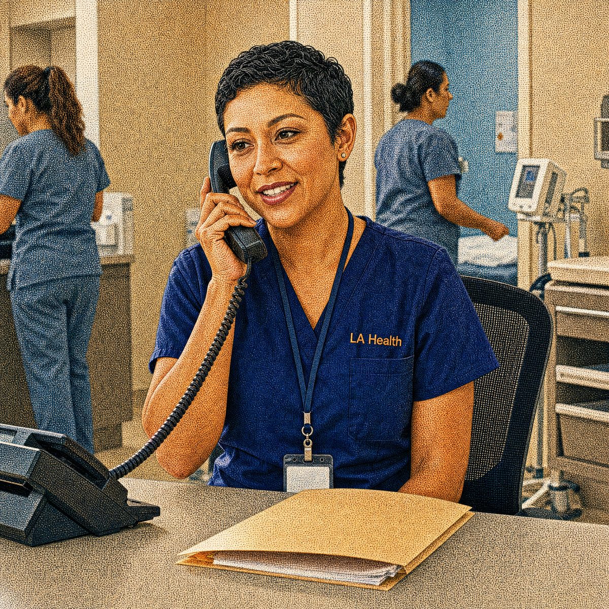 Healthcare professional in scrubs coordinating a patient referral by phone